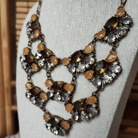 J. Crew Statement Necklace Topaz Honey Clear Stones Oxidized Brass 10 Medallions - Picture 2 of 14